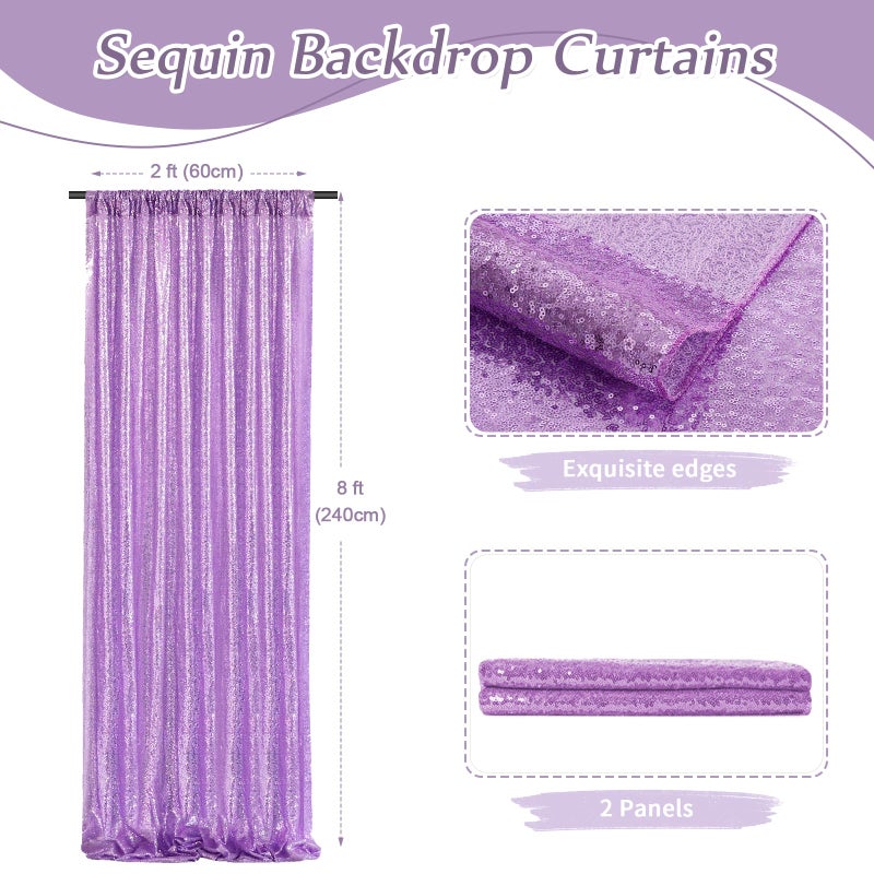 SoarDream Lavender Sequin Backdrop Curtains,2 Panels 2FTx8FT Lavender Curtain Backdrop Glitter Party Decorations Background Drapes for Wedding Birthday Anniversary Graduation Photo Booth Decor - Image 2